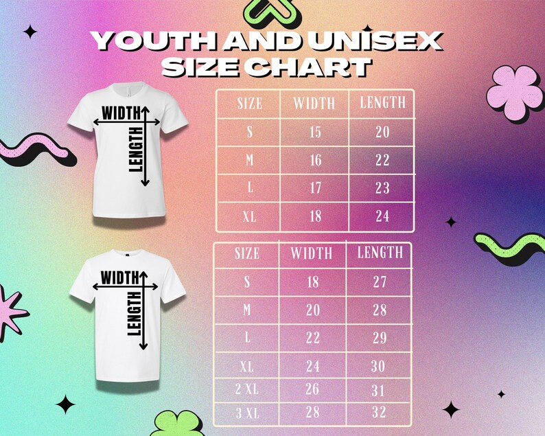 The image is a youth and gender-neutral size chart for T-shirts, displaying the measurements for different age groups and sizes.