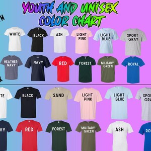 a color chart with various colored t-shirts, each labeled with a different color and a description.