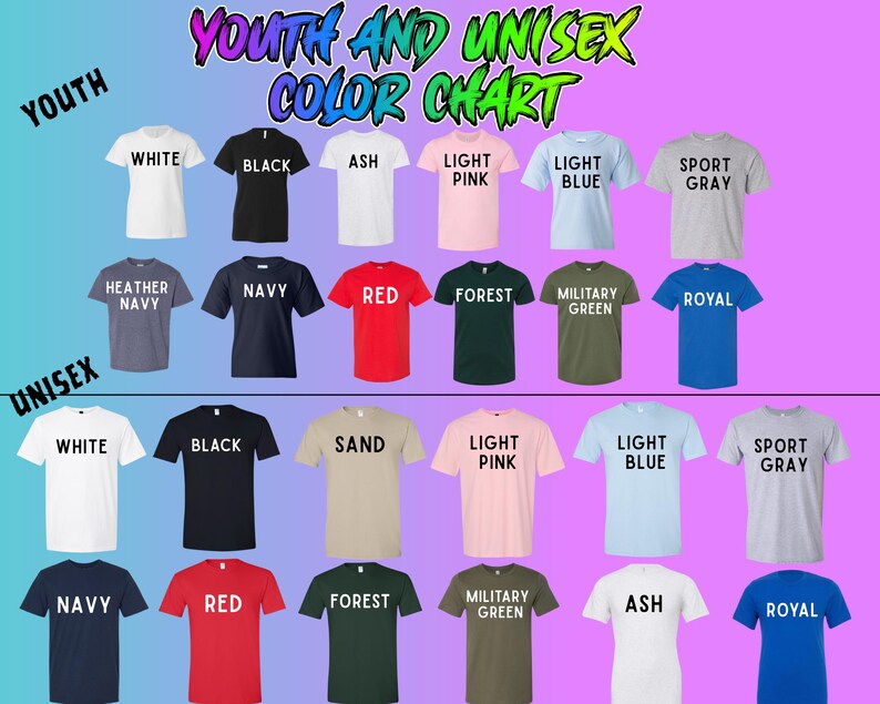 a color chart with various colored t-shirts, each labeled with a different color and a description.