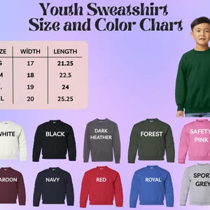 The image is a size and color chart for youth sweatshirts, featuring a young boy standing next to a variety of colored and colored sweatshirts.