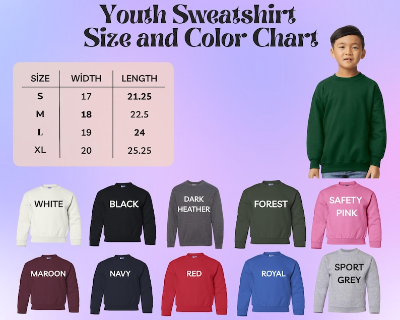 The image is a size and color chart for youth sweatshirts, featuring a young boy standing next to a variety of colored and colored sweatshirts.
