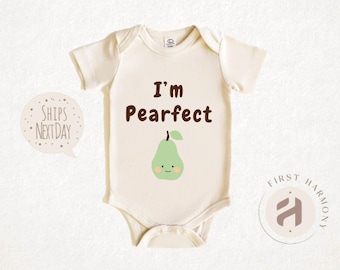 Pearfect Baby Onesie Organic Cotton Pear Pun Bodysuit Unisex Newborn Outfit Baby Shower Gift Cute Fruit Theme