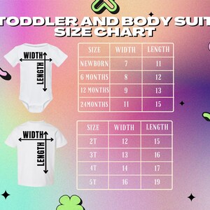 The image is a size chart for toddler and body suit clothing, providing measurements for different age groups.