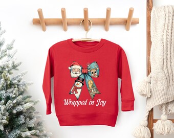 Kids Christmas Sweatshirt Wrapped In Joy Bow Santa Reindeer Snowman Unisex Fleece Crewneck Toddler And Youth Winter