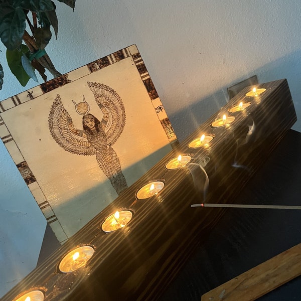 24 Inch Long Rustic Wooden Candle Holder, Handmade, Wood Burned, Seven tea light candles, Center Piece, Home Decor, Reclaimed Wood