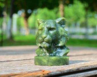2.8&quot; Natural Green Jade Tiger Head Carved,Reiki Healing,Tiger Carved,Quartz Tiger,Crystal Skull,Crystal Ornament,Tiger Statue,Home Decor