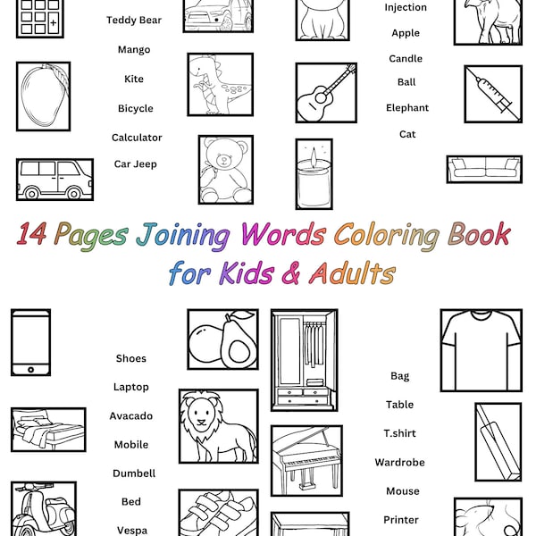 Joining Words Coloring Pages, kids and adults, gifts for him, gifts for her, animals, birds, alphabets coloring book. Downloadable PDF
