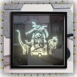Jurassic Park Engraved Light-Up Mirror – LED Illuminated 25cm x 25cm Dinosaur Decor, Iconic Jurassic Park Gift for Fans, Handmade Mirror Art