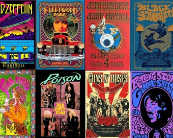 May include: A collage of nine vintage concert posters featuring iconic rock bands, including Led Zeppelin, Fleetwood Mac, Jimi Hendrix, Black Sabbath, Pink Floyd, Poison, Guns N' Roses, and The Rolling Stones. The posters are colorful and feature psychedelic designs, band logos, and concert dates.