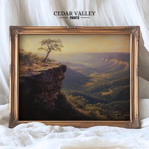 Cliffside Tree Oil Painting, Printable Landscape Wall Art, Serene Nature Oil Painting, Timeless Moody Decor