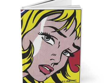 Pop Art Hardcover Journal - Lichtenstein's Girl with Hair Ribbon - A5 Lined Notebook - Unique Artist Gift