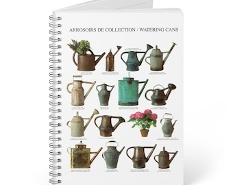 Vintage Watering Cans Notebook, A5 Wirobound Journal, Ruled Pages Gardening Diary, Unique Gift for Gardeners