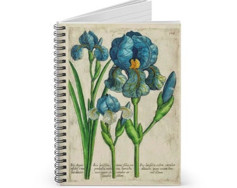 Blue Iris Flower Notebook, Antique Illustration Spiral Journal, 6x8 Ruled Pages, Perfect Mother's Day Gift