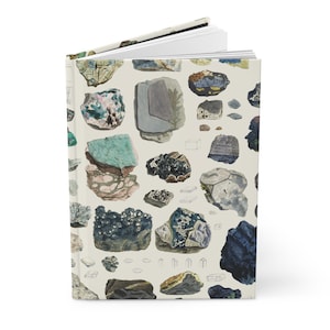 Mineralogie grafiek hardcover dagboek mat - blauwe groene stenen A5 geregelde pagina's, notebook dagboek planner, geologie studie student cadeau