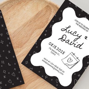 Schwarze Hochzeitseinladung, bearbeitbare Canva-Vorlage, druckbares dunkles Thema speichern die Datumskarte, niedliches Hochzeitseinladungsdesign im Doodle-Stil
