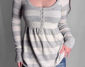 Abercrombie & Fitch Vintage 2000s Y2K Babydoll Striped Fitted Long Sleeve Top With Rabbit Fur