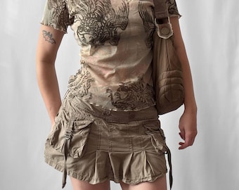 Vintage Just Me Y2K 2000s Asian Style Dragon Graphic Printed Mesh Khaki Top