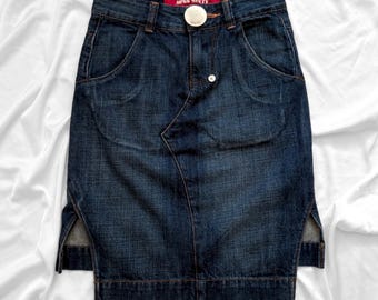 Jupe en jean vintage Miss Sixty, années 2000, asymétrique, longueur midi (XS-S)