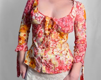 Top vintage Y2K en maille à imprimé floral, créateur italien, taille S