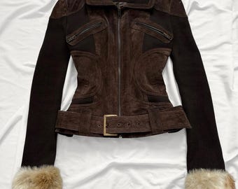 Veste iconique Jane Norman vintage Y2K en fausse fourrure et cuir véritable marron