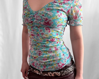 Top vintage italien en maille imprimée de fleurs / Top Coquette bleu ciel style Fairycore Y2K