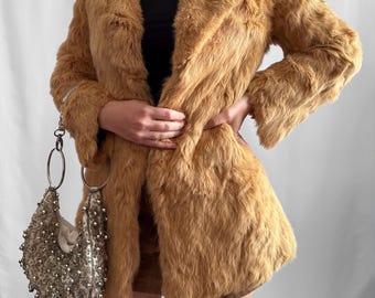 Vintage Brown Rabbit Fur Mid Length Jacket Coat / Size XS-XXS