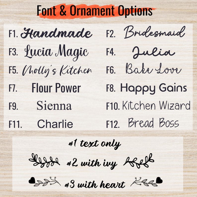 May include: A list of 12 different font styles for a kitchen sign, with the text "Handmade", "Bridesmaid", "Lucia Magic", "Julia", "Molly's Kitchen", "Bake Love", "Flour Power", "Happy Gains", "Sienna", "Kitchen Wizard", "Charlie", and "Bread Boss". Below the list are three ornament options: "#1 text only", "#2 with ivy", and "#3 with heart".