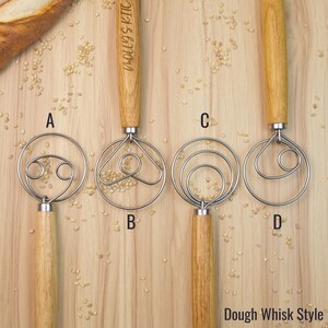 May include: Four different styles of dough whisks with wooden handles. The whisks are made of stainless steel and have different wire designs. The whisks are labeled A, B, C, and D. The image is titled "Dough Whisk Style".