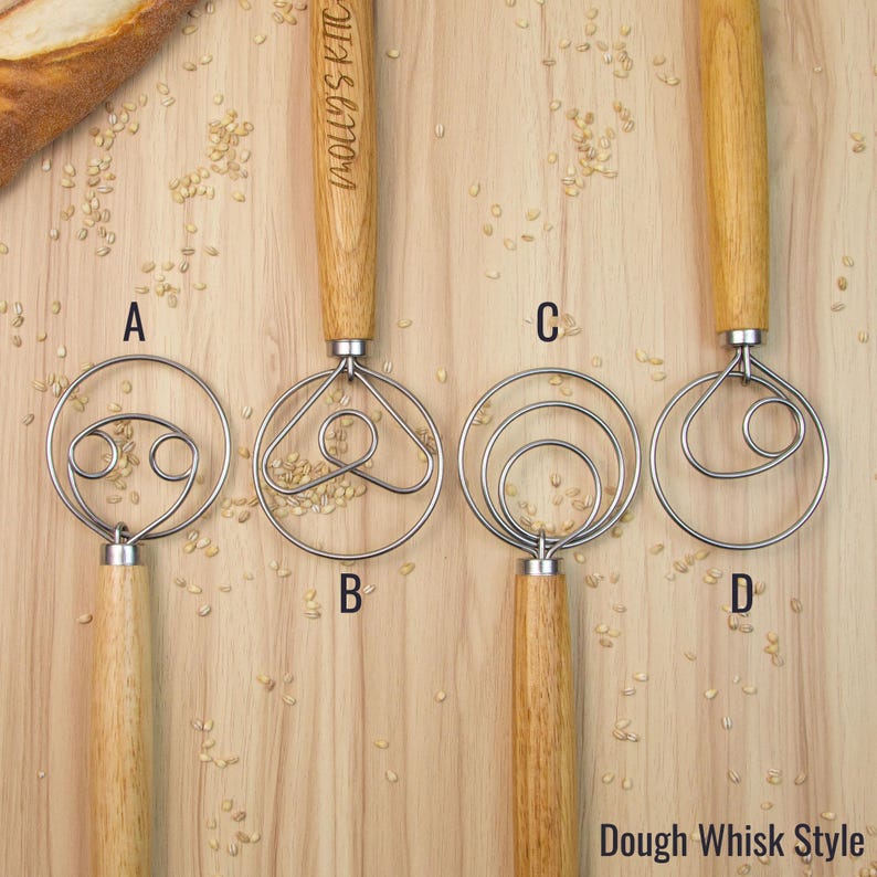 May include: Four different styles of dough whisks with wooden handles. The whisks are made of stainless steel and have different wire designs. The whisks are labeled A, B, C, and D. The image is titled "Dough Whisk Style".