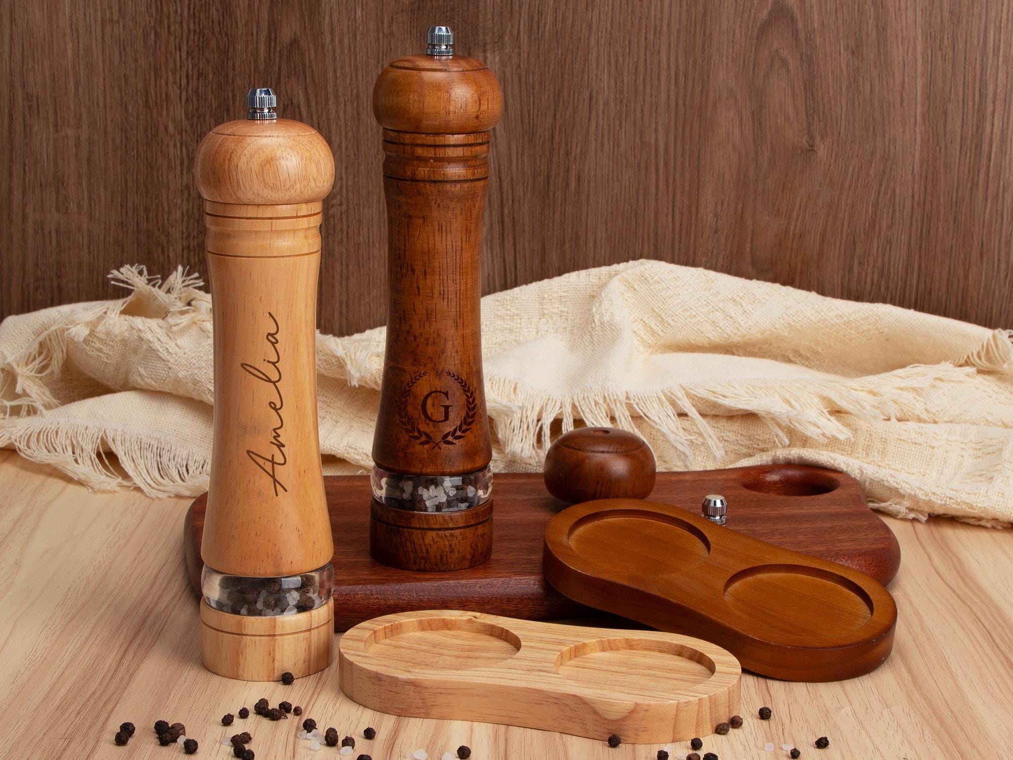 Salz- Und Pfefferstreuer Set Aus Holz – Halter Für Elektrische & Manuelle Mühlen, 15 X 7,9 Cm, Aus Kautschukholz, Lackiert