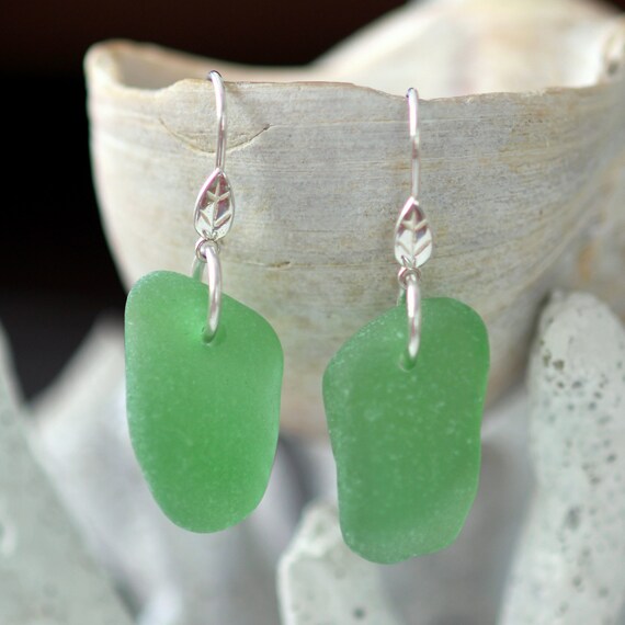 Sea Glass Earrings leaf earrings sea glass jewelry kelly | Etsy