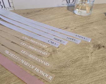 Personalised Satin Ribbon - Bridesmaid Gifts, Wedding Place Seating Name, Bows for Glasses, Wedding Favours