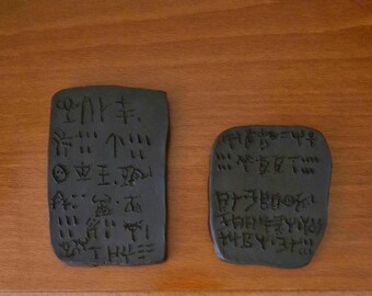 Set of 2 handmade replicas of Linear A tablets, syllabic script, Minoan