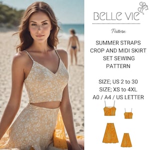 Padrão de costura do conjunto de verão Cottagecore, top curto com alças e saia midi, tamanhos A0-A4-Letter; EUA 2 a 30