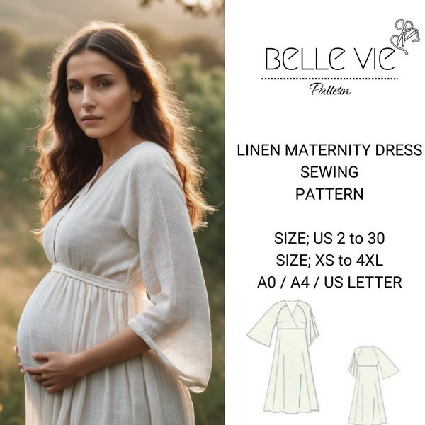 Patron de couture pour robe de maternité en lin, tailles femme ; US 2 à 30-X à 4 XL, au format A0, A4, papier à lettre US.