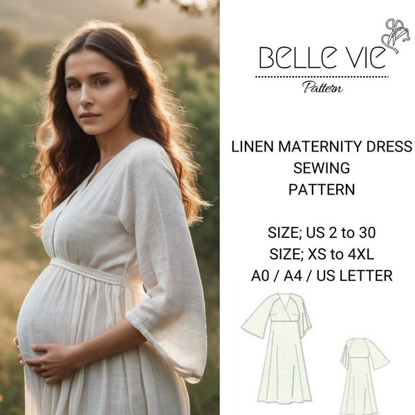 Linen Maternity Gown Sewing Pattern,Ladies Sizes ; US 2 to 30-Xs to4 XL ,Formatted A0, A4 ,US Letter Paper.