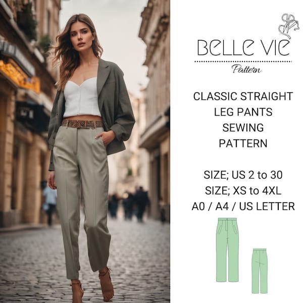 Classic Straight Leg Trousers Sewing Pattern, Pant trousers PDF Sewing, Retro Trousers, XS-4XL, A4 A0, US 2 -30