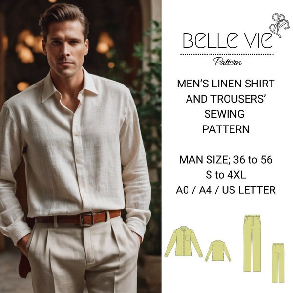 Men's Linen Set Bundle Pattern, Men's Linen Pants, Men' Summer Shirt, Man Trouser pattern, Linen Shirt for Men, XS-4XL