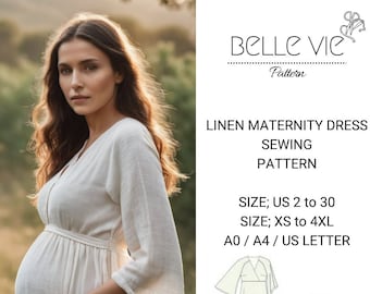 Linen Maternity Gown Sewing Pattern,Ladies Sizes ; US 2 to 30-Xs to4 XL ,Formatted A0, A4 ,US Letter Paper.