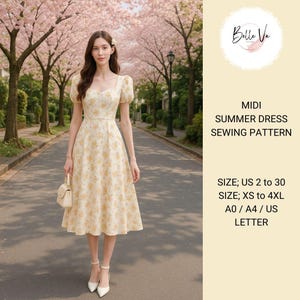 Patrón de costura para vestido de verano midi, vestido largo, tallas A0-A4-Carta; EE. UU. 2 a 30 (Nuestra colección incluye opciones de tallas grandes)