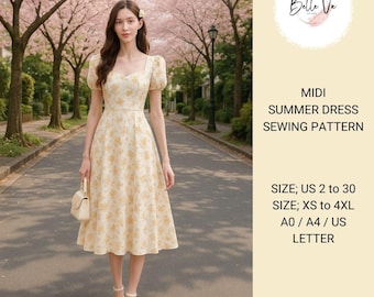 Midi Summer Dress Sewing Pattern: Flare Skirt, Plus Size(PDF)