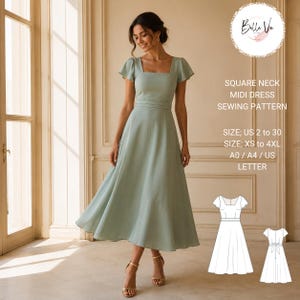 Peut inclure: Une robe midi vert sauge avec une encolure carrée et des manches courtes évasées. Le texte indique : SQUARE NECK MIDI DRESS SEWING PATTERN, SIZE: US 2 to 30, SIZE: XS to 4XL, A0 / A4 / US LETTER. Inclut un croquis blanc du devant et du dos.