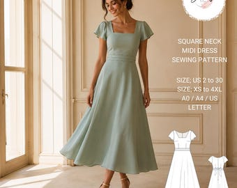 Square Neck Midi Dress Sewing | Flutter Sleeve A-Line Dress (Digital PDF Pattern)