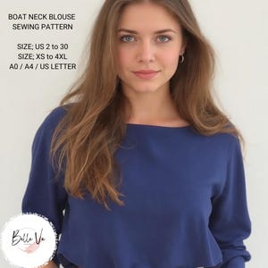 Könnte beinhalten: Ein Schnittmuster für eine Bluse mit Bootsausschnitt. Das Schnittmuster ist in den Größen 34 bis 52 und XS bis 4XL erhältlich. Das Schnittmuster ist in den Formaten A0, A4 und US Letter erhältlich.