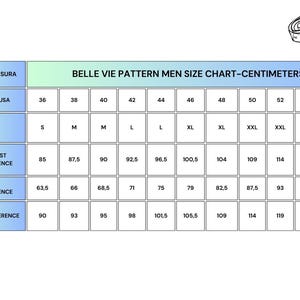 May include: A size chart for men's clothing in centimeters. The chart shows the size name, bust/chest circumference, waist circumference, and hips circumference for sizes 36 to 56.