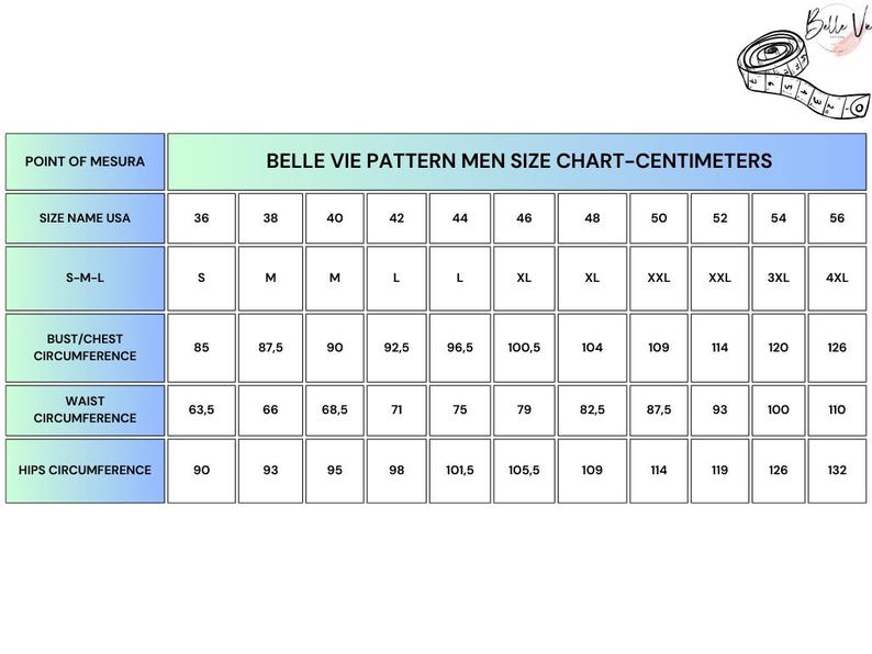 May include: A size chart for men's clothing in centimeters. The chart shows the size name, bust/chest circumference, waist circumference, and hips circumference for sizes 36 to 56.