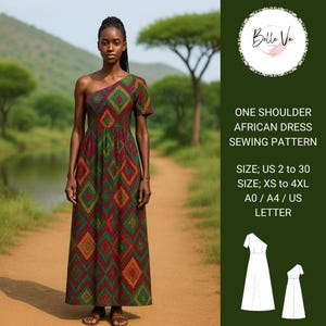 Op de afbeelding: Een off-shoulder Afrikaanse jurk met een geometrisch patroon in rood, groen en geel. De jurk is een naaipatroon, met maten variërend van US 2 tot 30 en XS tot 4XL. De afbeelding bevat de tekst "Belle Ve" en "ONE SHOULDER AFRICAN DRESS SEWING PATTERN".
