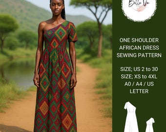 African One-Shoulder Maxi Dress Sewing Pattern: Boho Tribe Style (XS-4XL)(PDF Pattern)