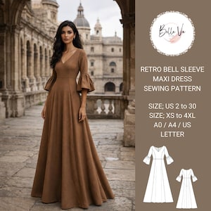 May include: A brown maxi dress with bell sleeves. The dress features a V-neck and a flowing skirt. The image also includes a sewing pattern with the text "Retro Bell Sleeve Maxi Dress Sewing Pattern". Sizes range from US 2 to 30 and XS to 4XL.