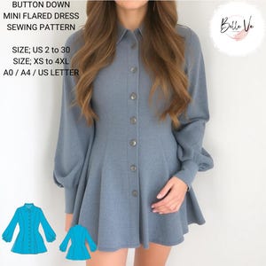 May include: A blue button-down mini flared dress sewing pattern. The pattern includes sizes US 2 to 30 and XS to 4XL. The pattern is available in A0, A4, and US Letter sizes.